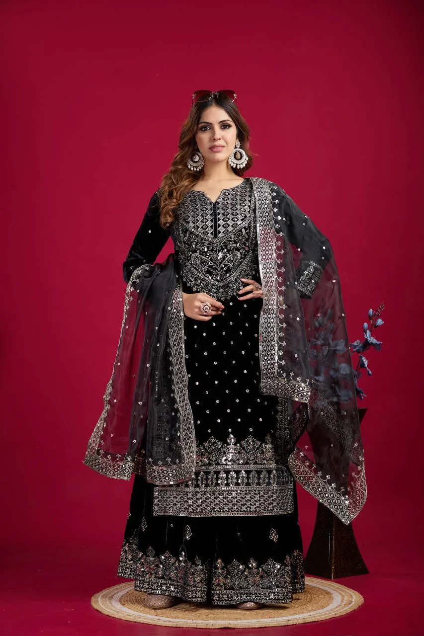 Buy Black Velvet Sharara Suit Online with Embroidery and Net Dupatta