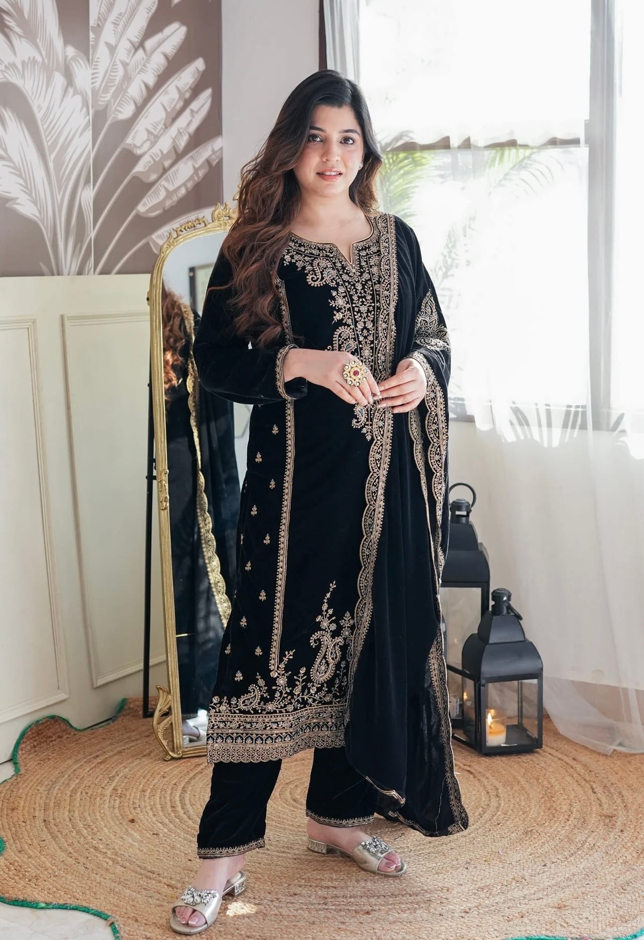 Black Velvet Designer Salwar Suit with Golden Zari Embroidery