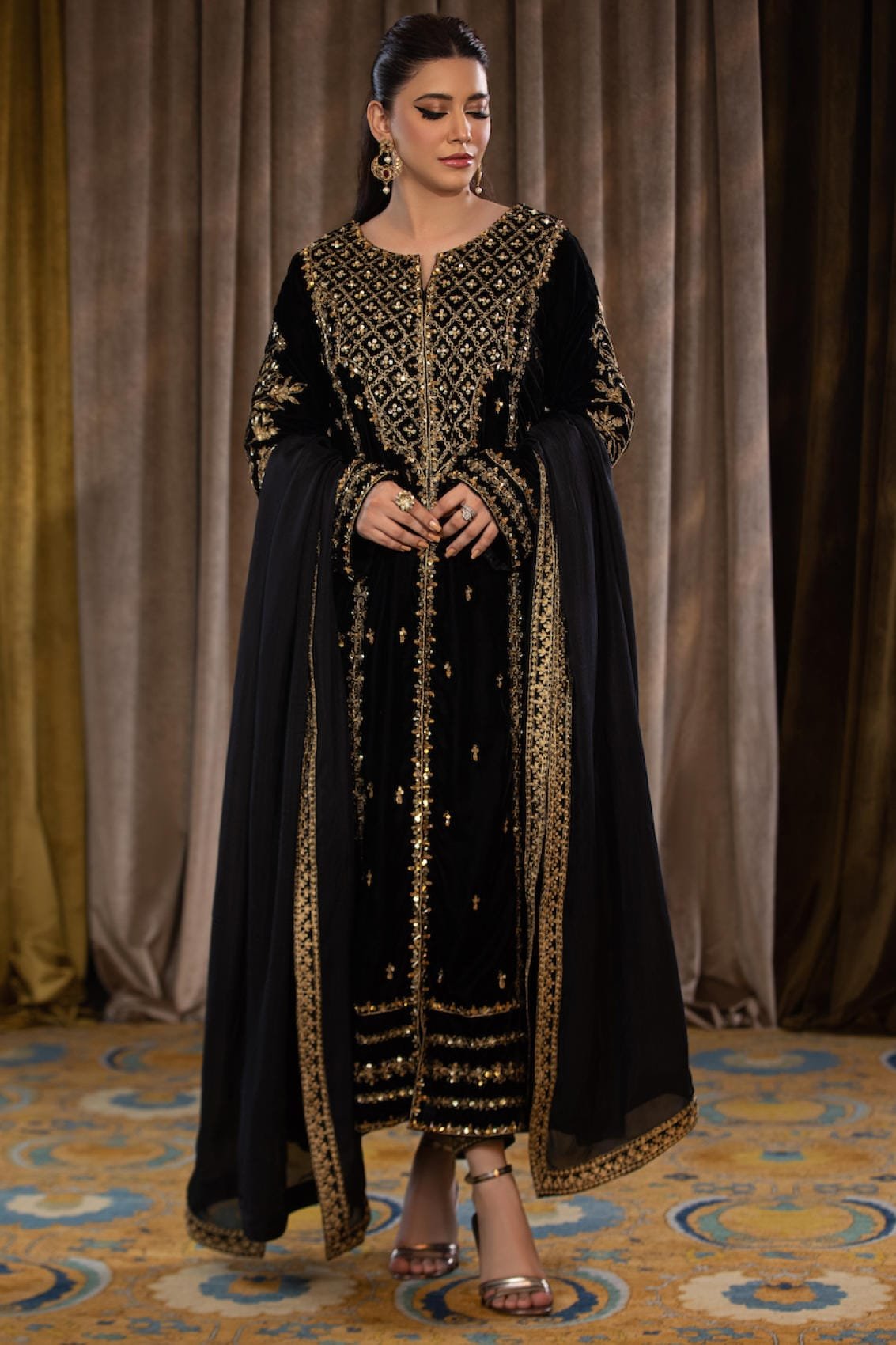 Black Velvet Anarkali Suit for Night Eve...