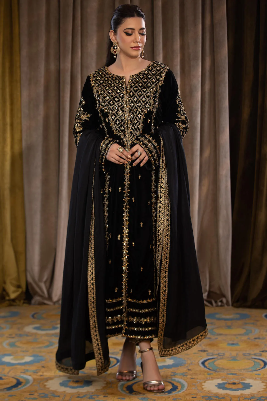 Black Velvet Anarkali Suit for Night Events with Golden Embroidery