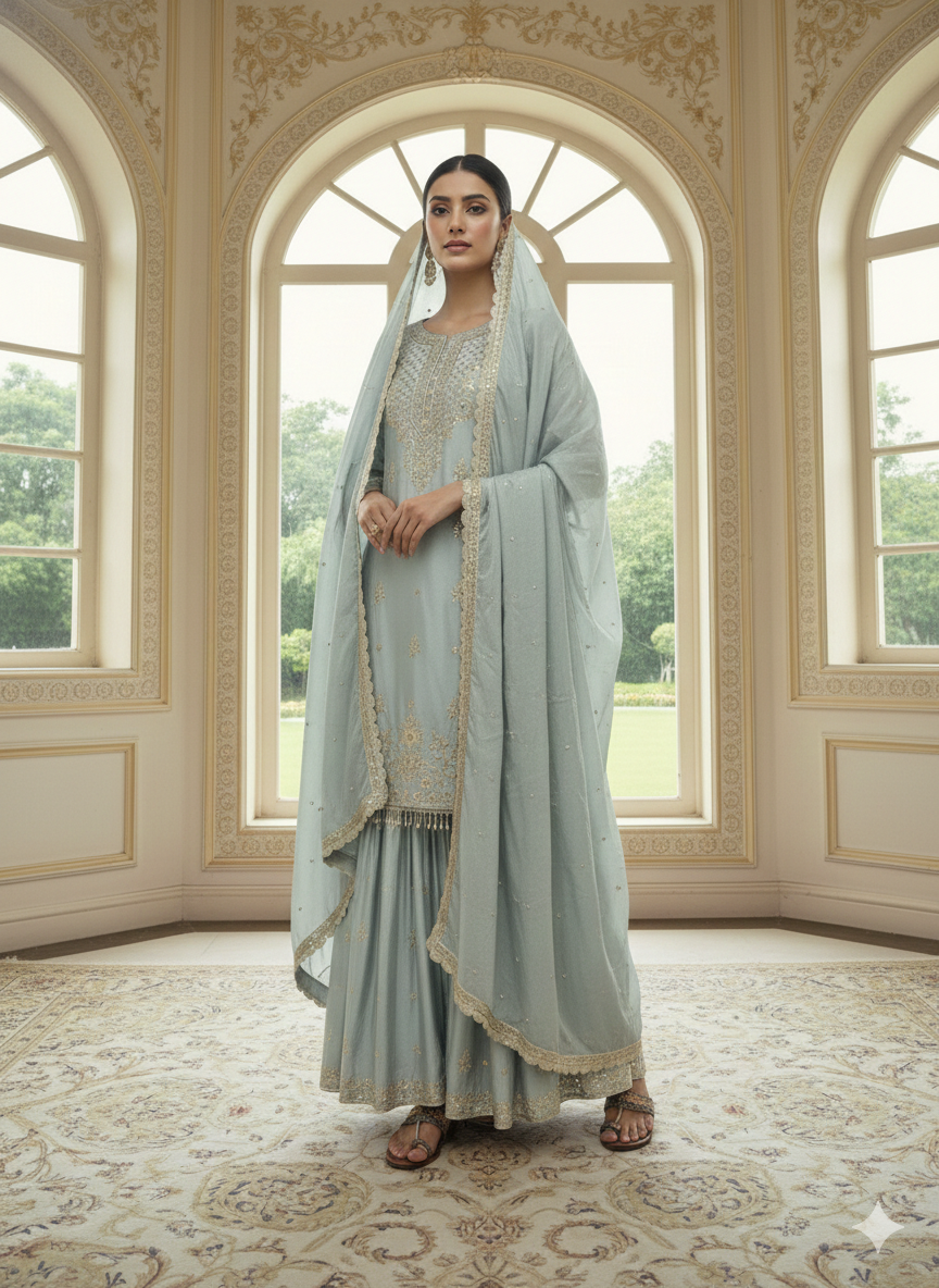 Light Green Dress Pakistani Chinon Party Wear Set