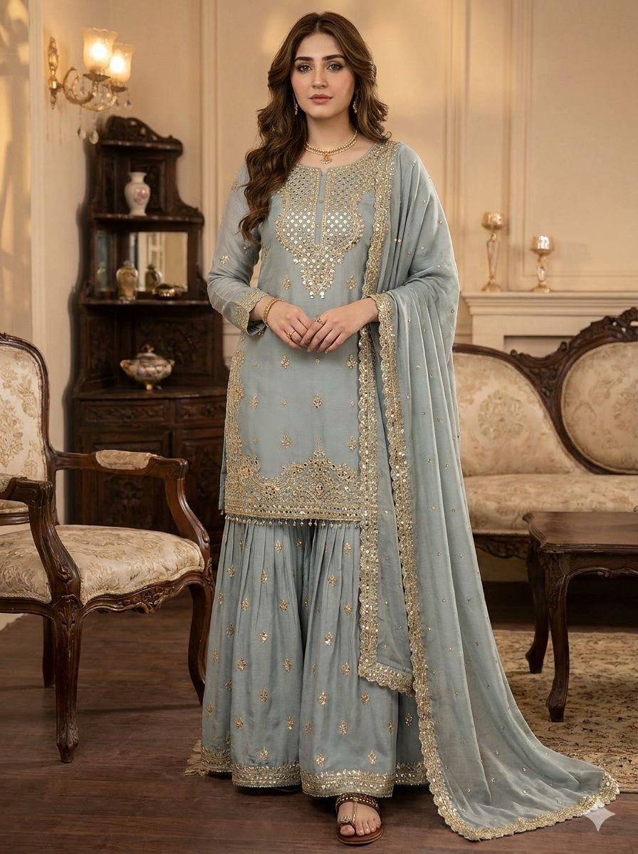 Light Green Dress Pakistani Chinon Party Wear Set