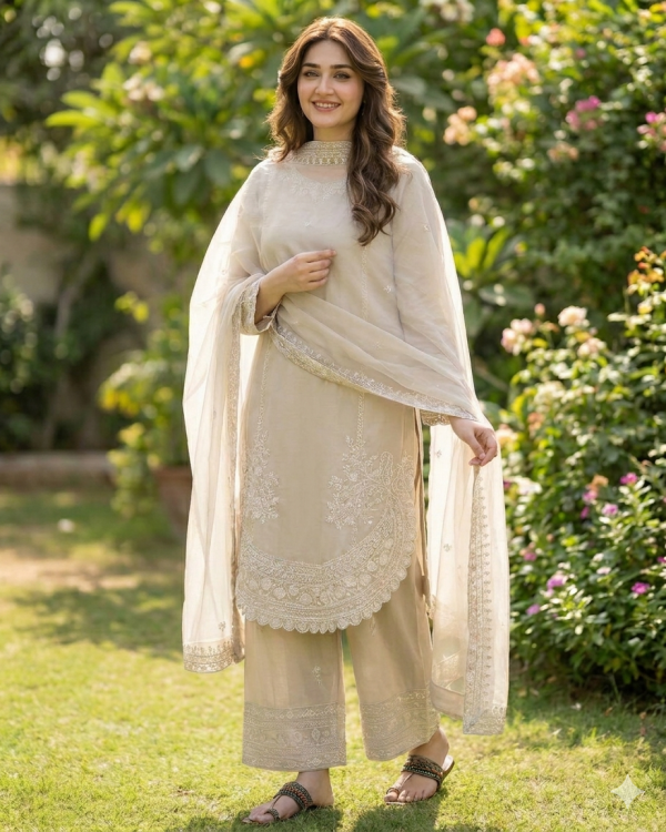 Designer Formal Dress Set | Natural Crepe Palazzo Suite