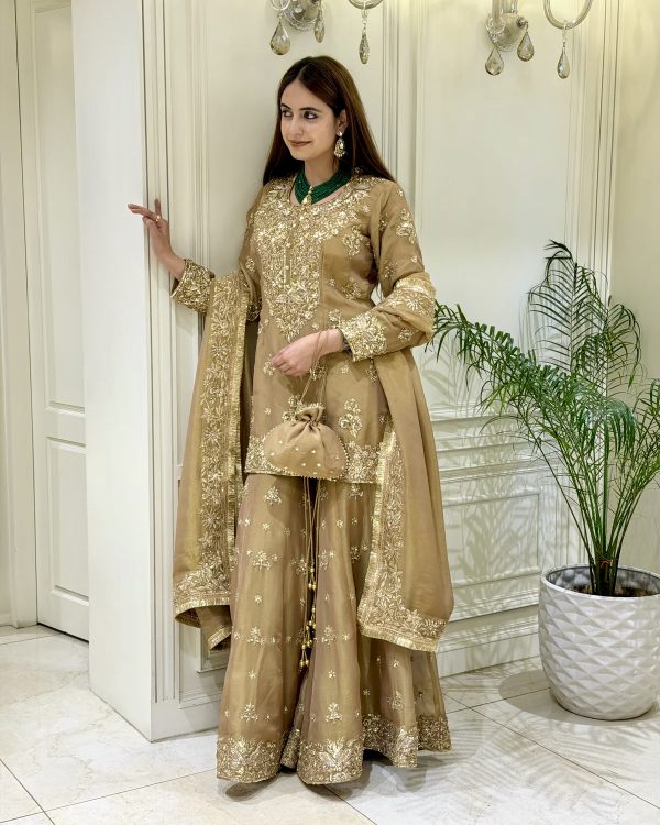 Ladies Suits for Weddings – Designer Top, Palazzo & Dupatta Set