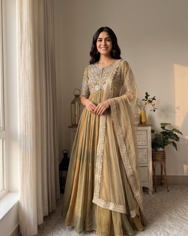 Long Dress for Women – Designer floor length evening Gown with Dupatta Olive Green