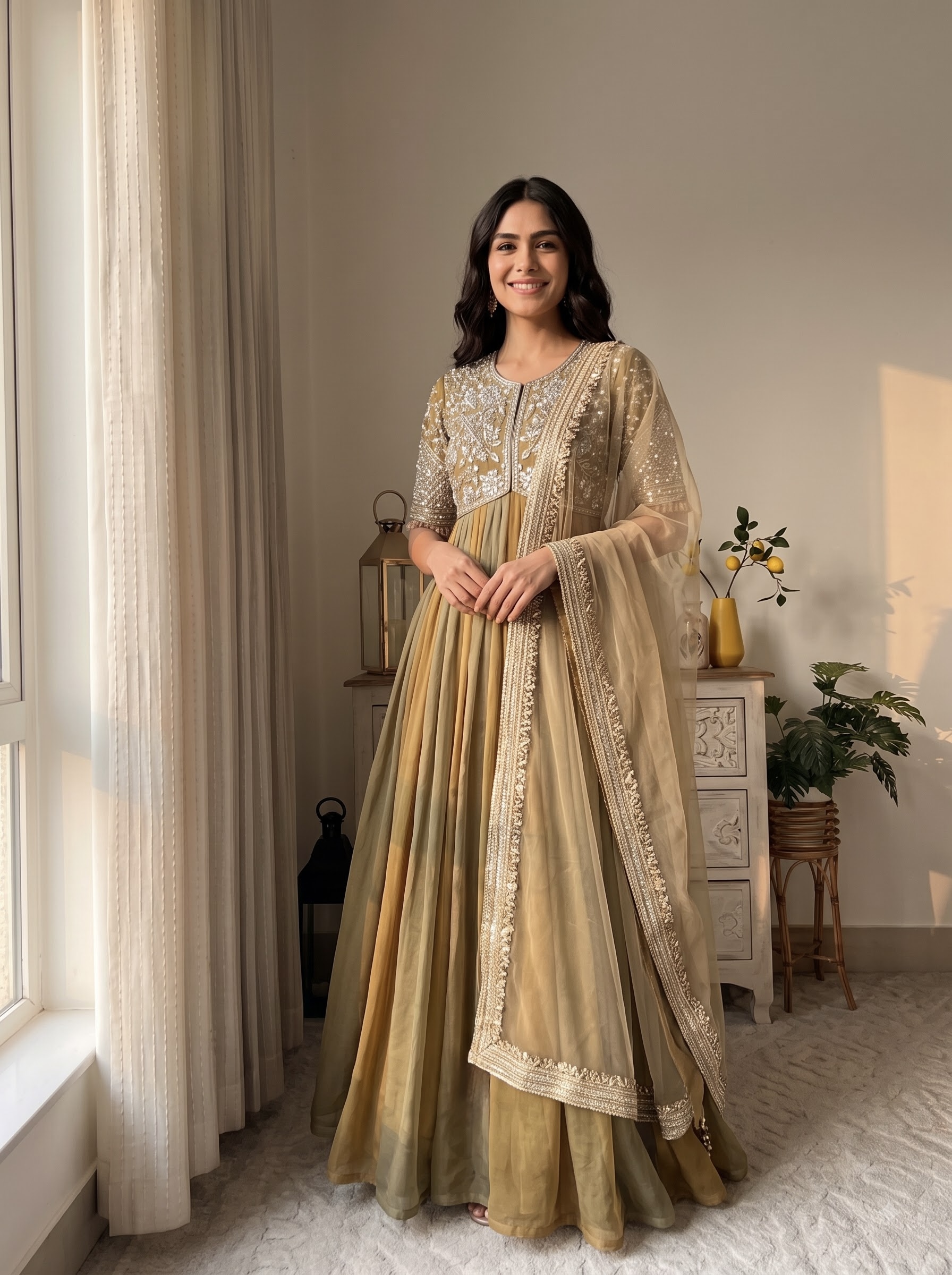 Long Dress for Women – Designer floor length evening Gown with Dupatta Olive Green