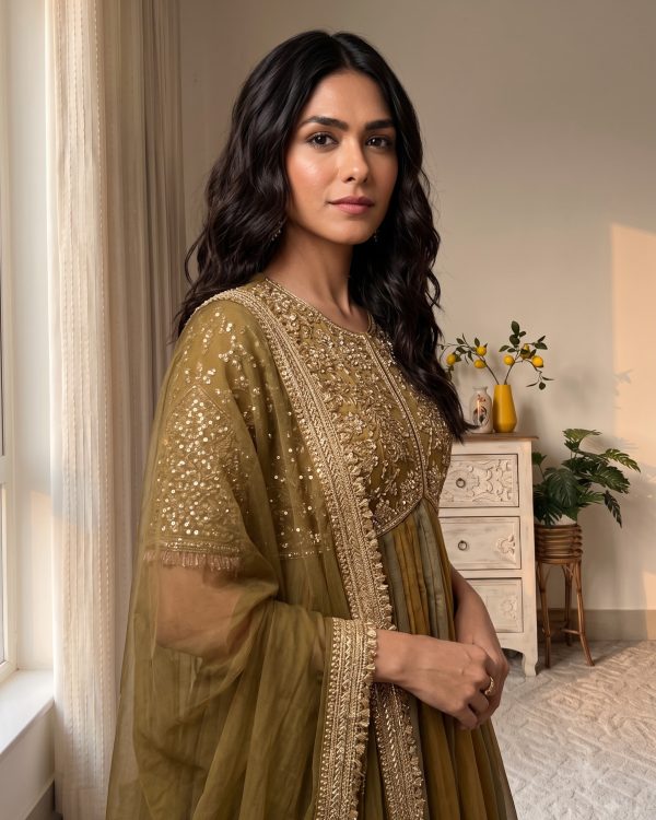 Long Dress for Women – Designer floor length evening Gown with Dupatta Olive Green