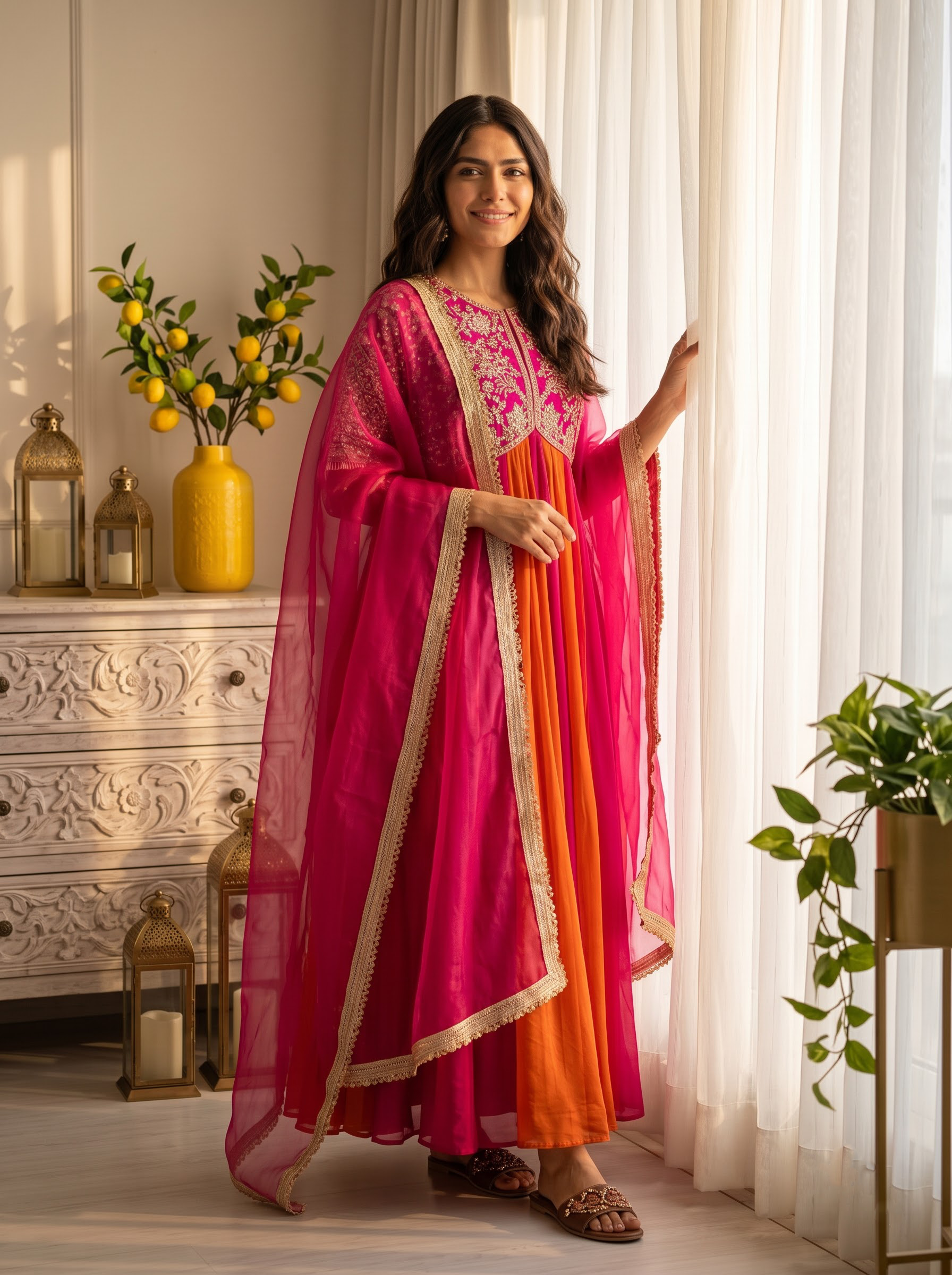 Long Dress for Women – Designer floor length evening Gown with Dupatta Magenta Pink
