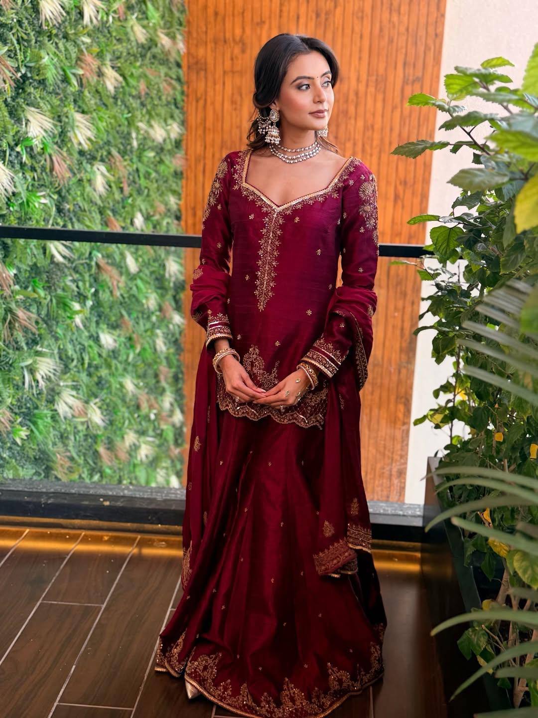 Wine Pink Kurti Palazzo Set | Zari & Sequin Embroidery