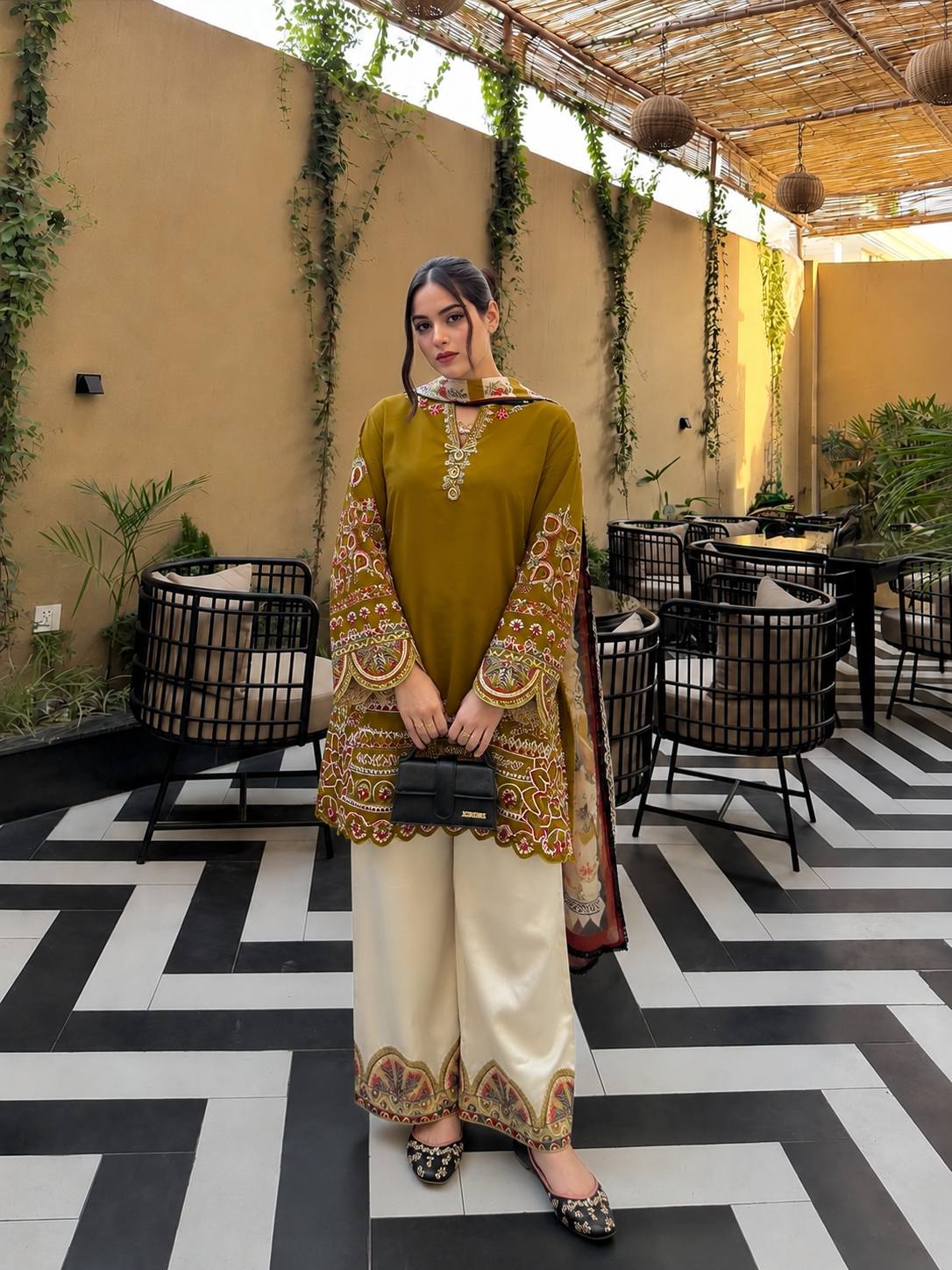 Short Kurti with Palazzo | French Crepe Embroidered Set